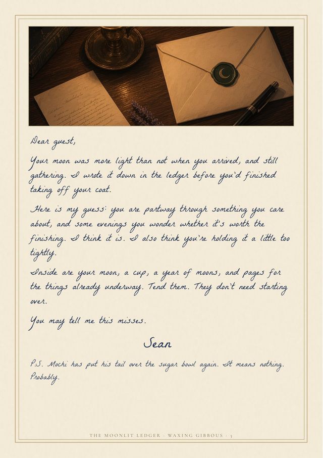 Page 3: Sean’s handwritten letter on cream paper, beneath a candlelit still life of a letter and cup.