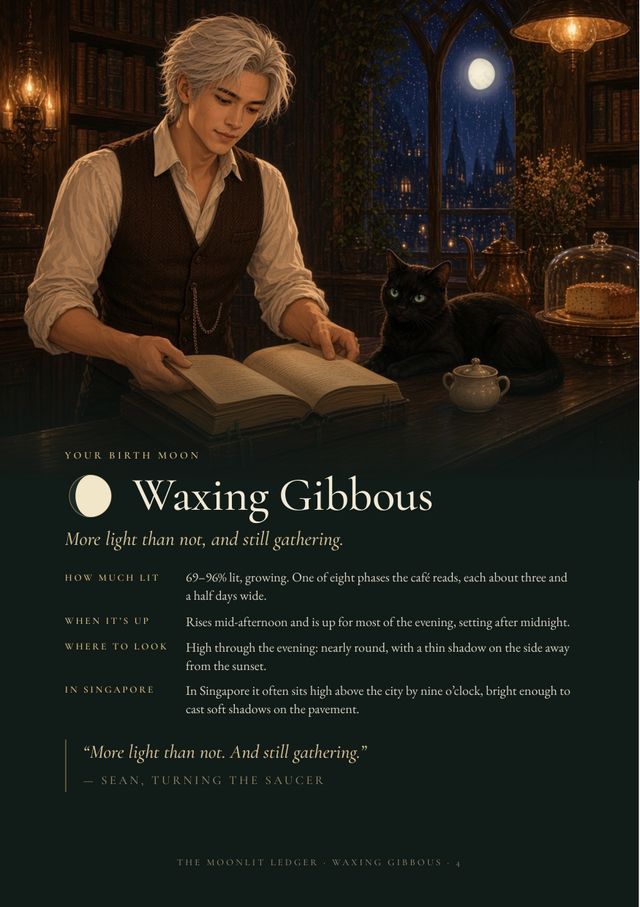 Page 4: dark opener with Sean at the café counter under a waxing gibbous moon, and four facts about the phase.