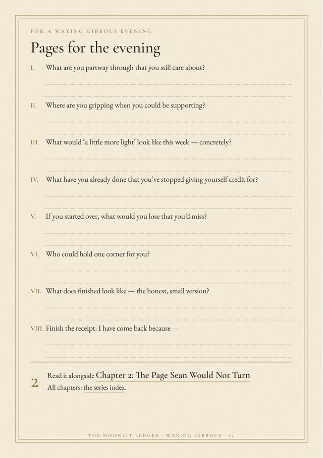 Page 13: eight numbered journal prompts and a link to the matching chapter of the serial.