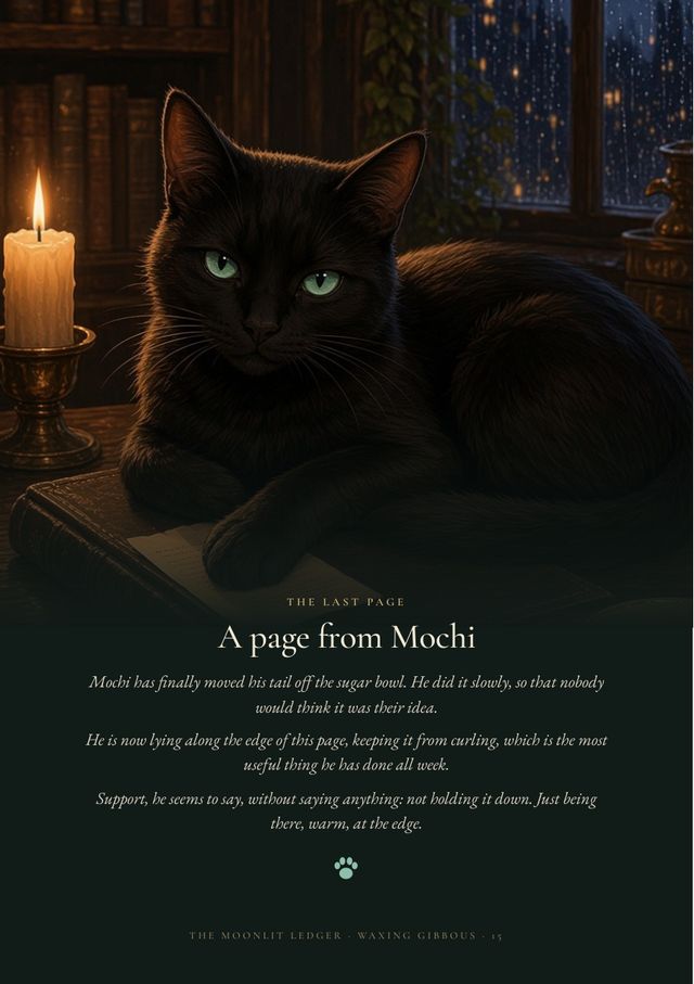 Page 15: Mochi the black cat with mint-green eyes on a dark page, with a short note from Mochi.